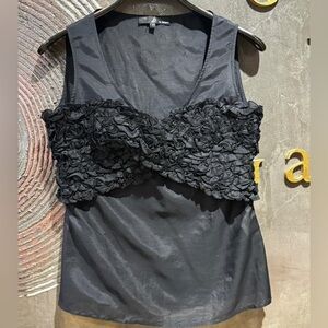 Y2K Sheer Black Silk-Cotton tank top ruffle bow accent size S